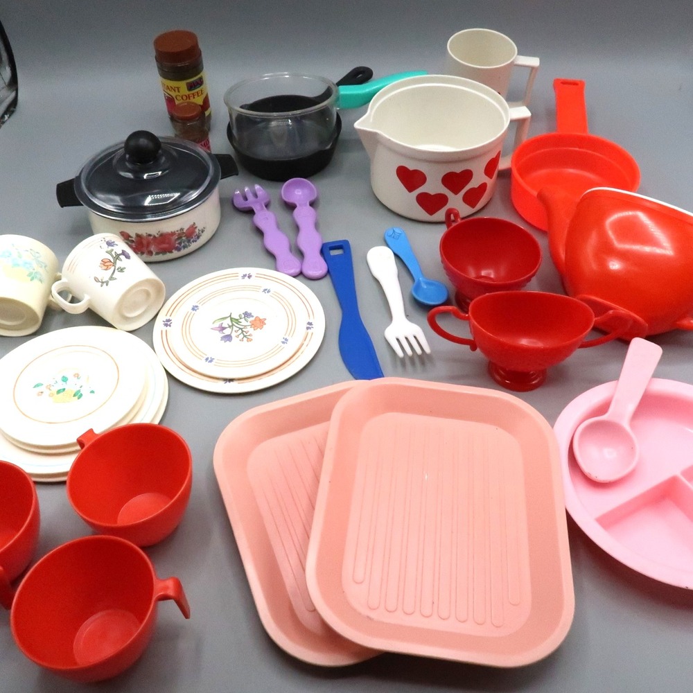 Play Kitchen Dishes Set Coffee Teapot Pots Pans Silverware Trays Toy Lot